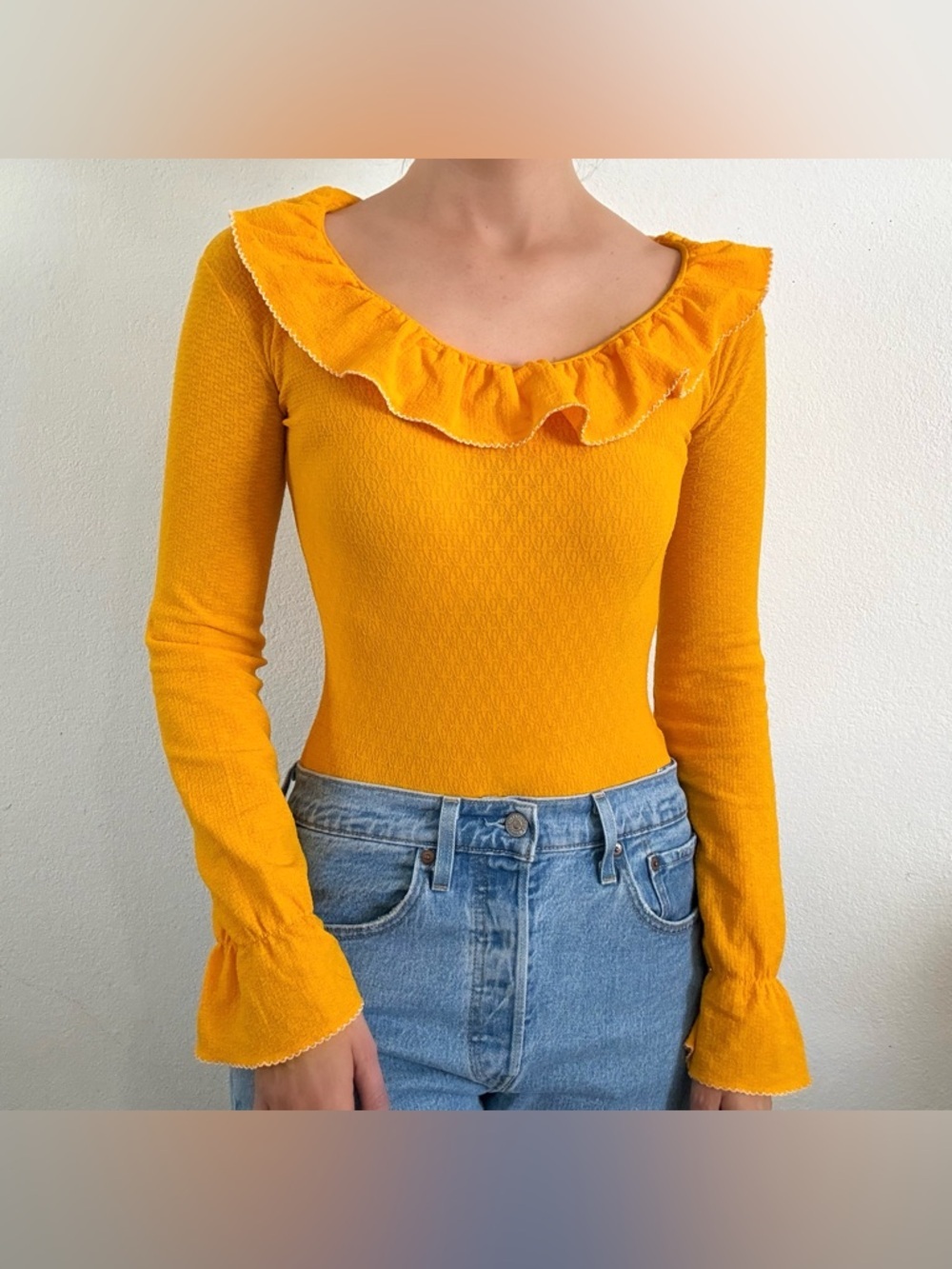 Vintage yellow golden marigold long sleeve bodysuit top ruffle small medium
